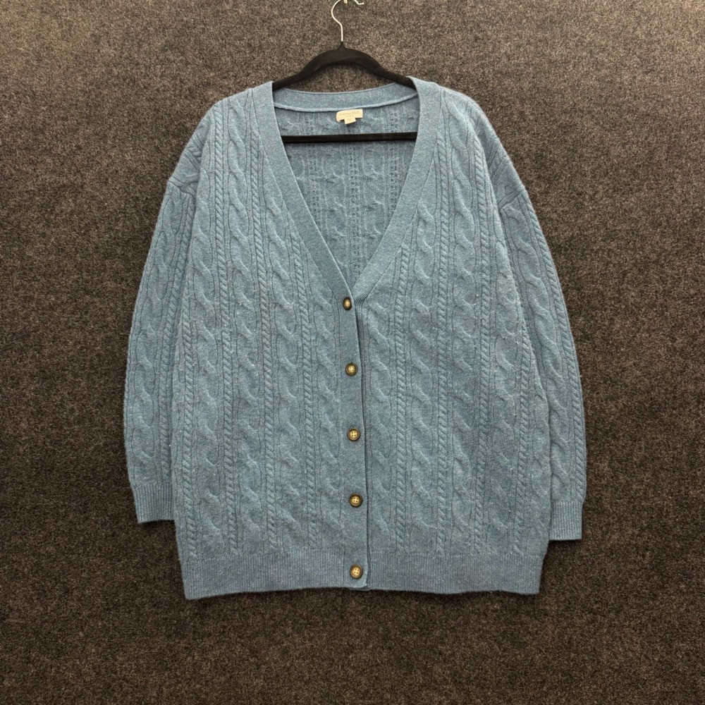 Garnet Hill Cashmere Cable Knit Cardigan Sweater Blue V-Neck Medium
